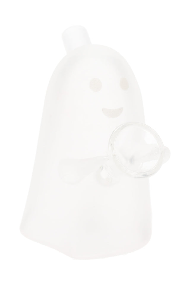 Frosted glass ghost-shaped blunt bubbler by MJ Arsenal with integrated holder and mouthpiece, glow-ready details, shown on white background.