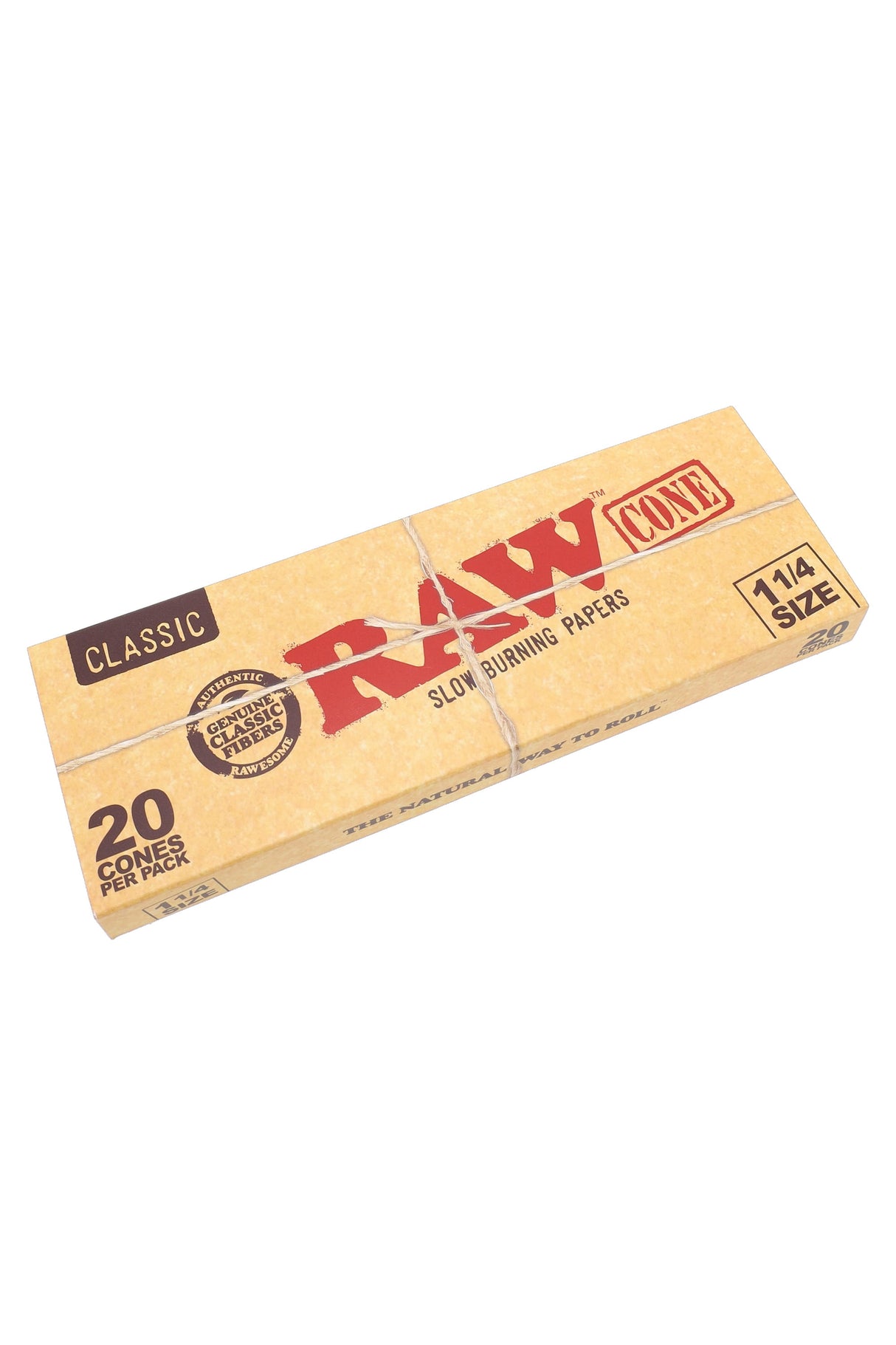 RAW Classic 1¼ cone 20-pack carton with kraft finish and red logo shown in angled product view