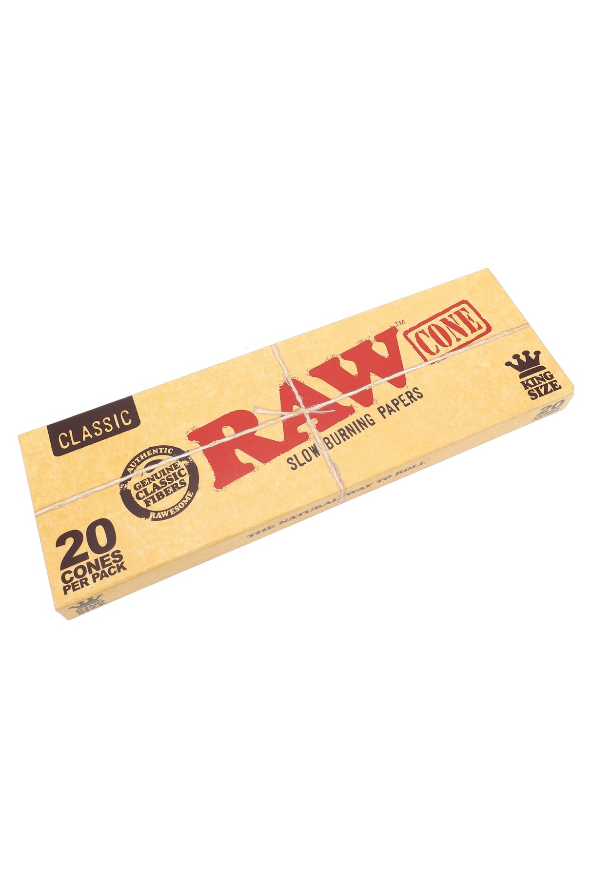RAW Classic king size cone 20-pack carton with kraft paper finish and red RAW logo in angled view