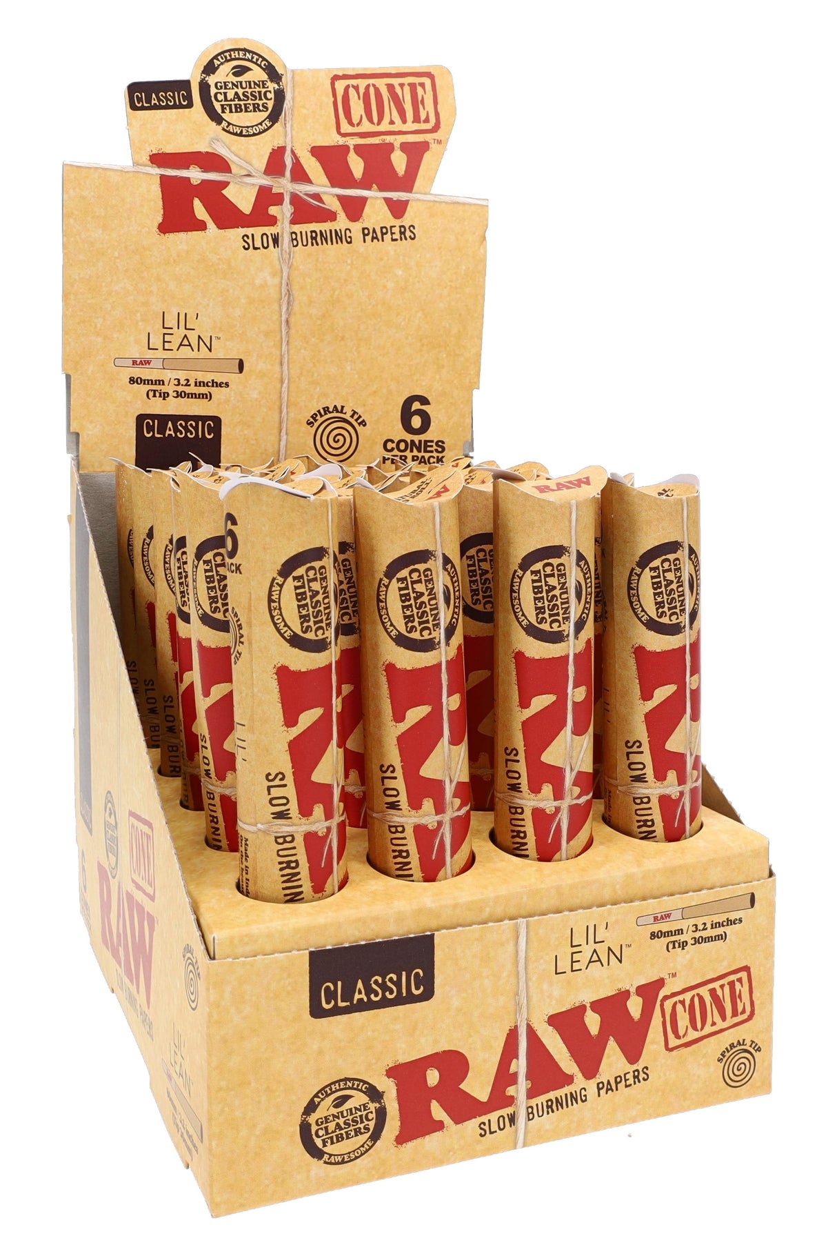RAW Classic Lil’ Lean cones 24-count display with 6-cone packs shown in retail countertop view
