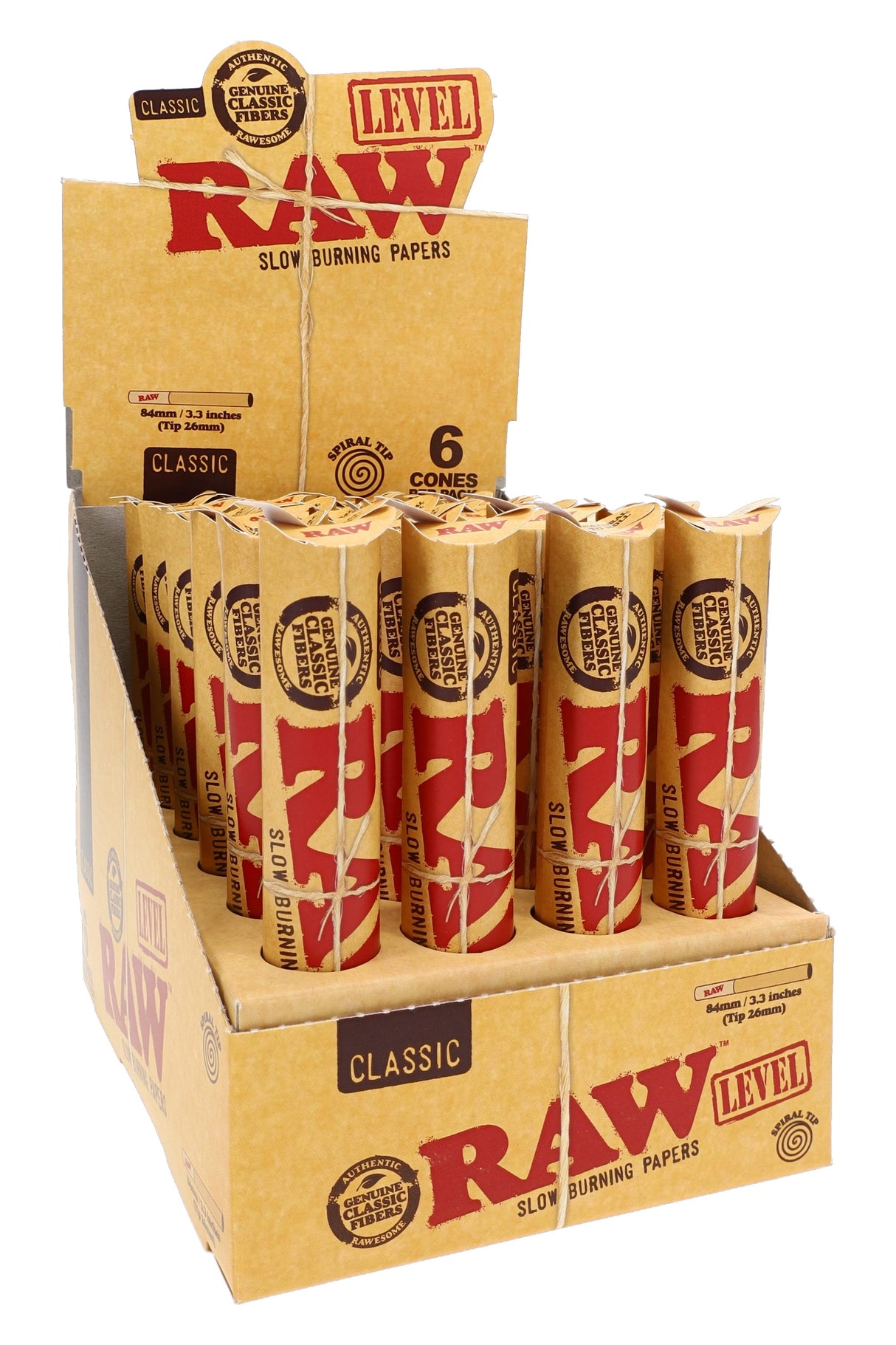 RAW Classic Level cones 24-count display with 6-cone packs shown in retail countertop view.