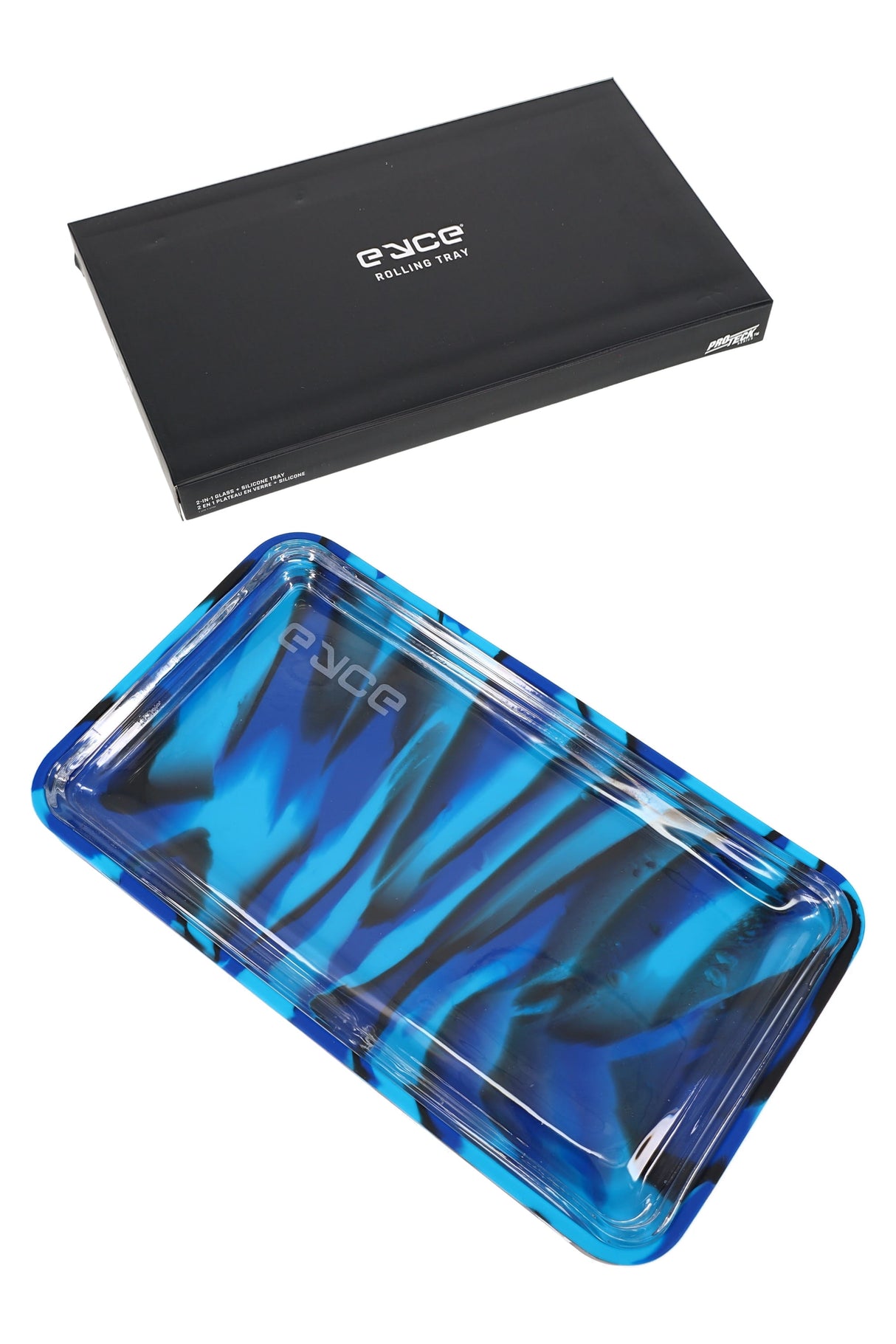 Blue Eyce ProTeck rolling tray with black retail box, angled premium glass and silicone rolling accessory shot