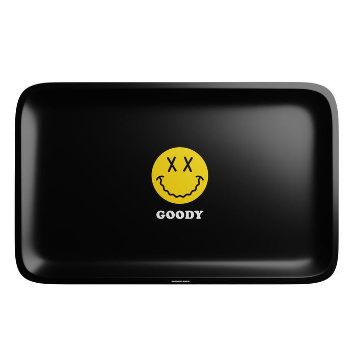 Angled view of Goody Glass 10¾″ × 6¼″ metal rolling tray with raised edges and graphic design