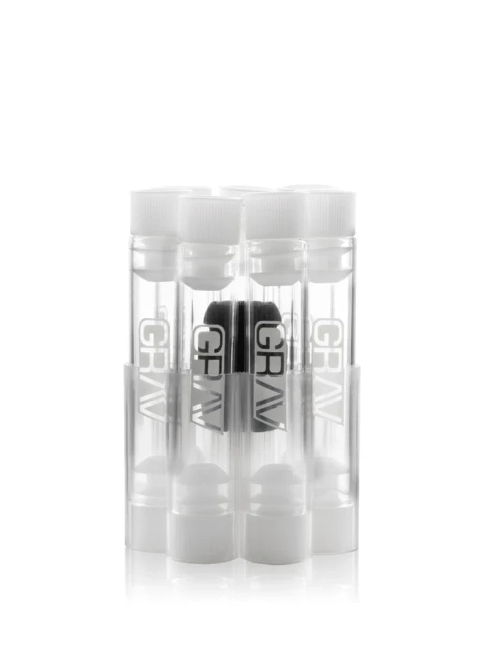 Clear GRAV glass cartridges grouped together with white end caps and a black silicone grommet visible between them.