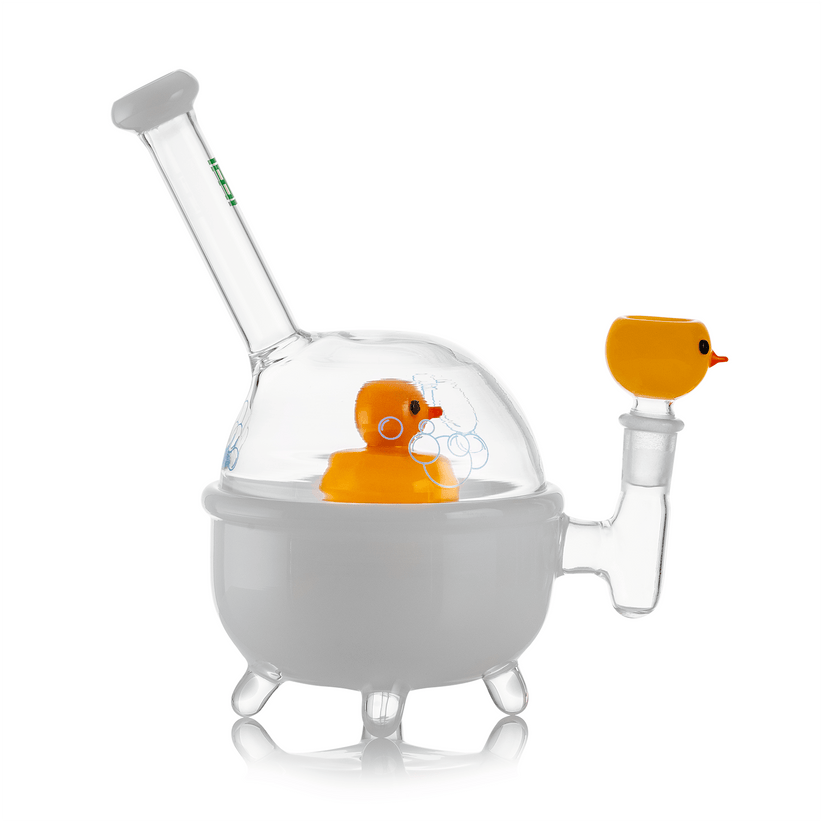 Side profile of Hemper Ducky XL tub bong showing white base, clear bubble dome, ducky bowl joint and angled neck mouthpiece.