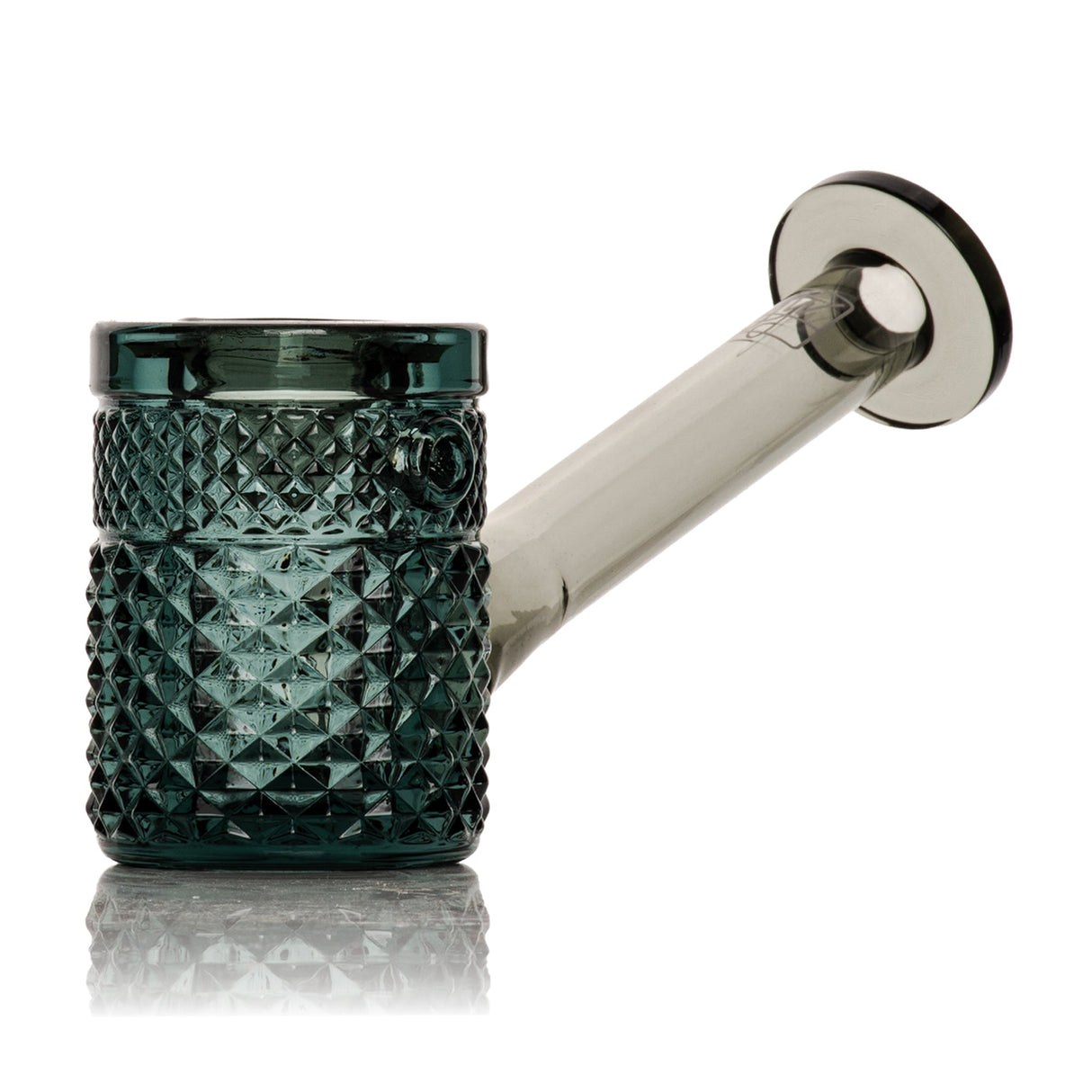 Smoke Jane West glass hand pipe side view with dark green-gray body and textured bowl