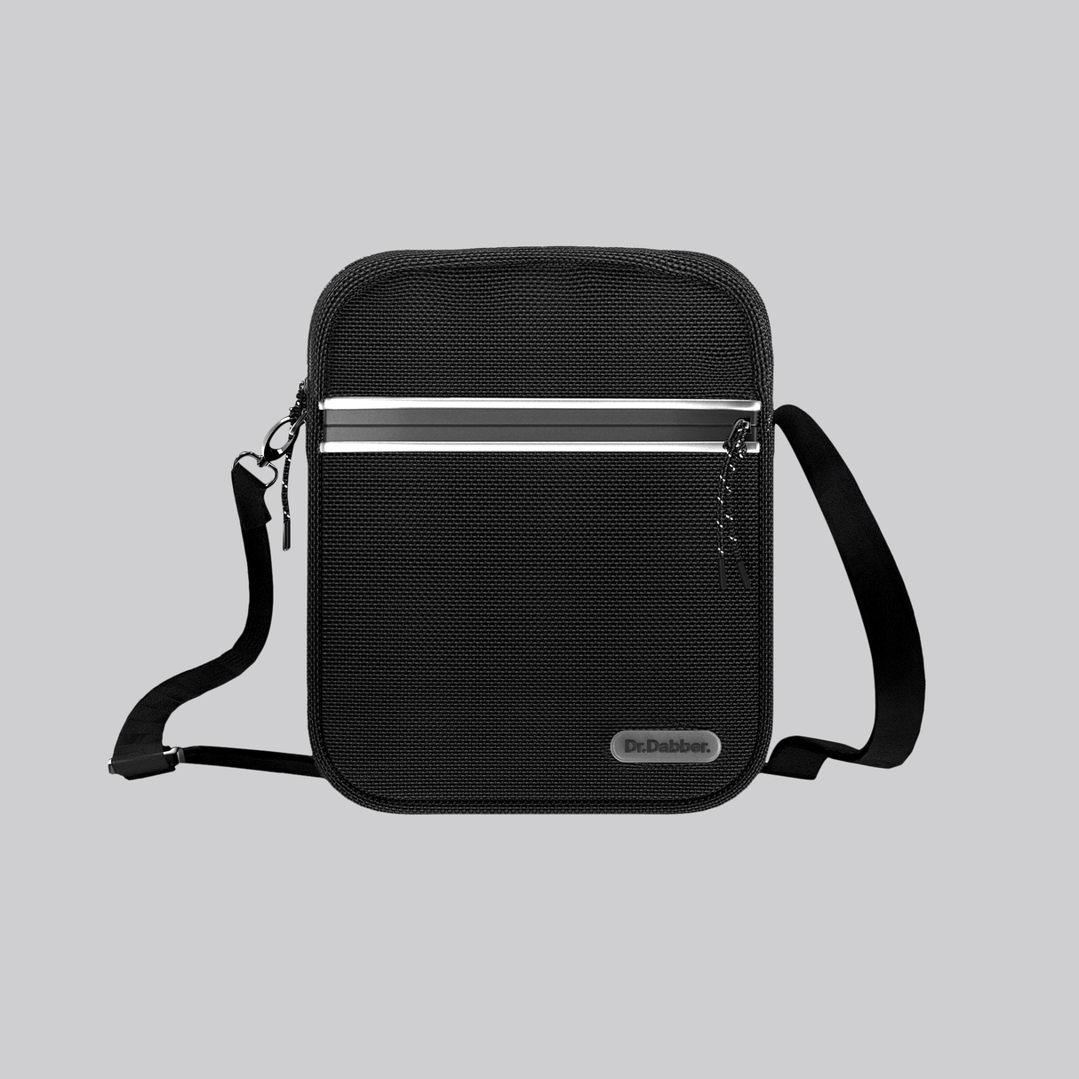 Dr. Dabber Tour Bag in black ballistic nylon with logo badge, zipper trim, and wide carry strap
