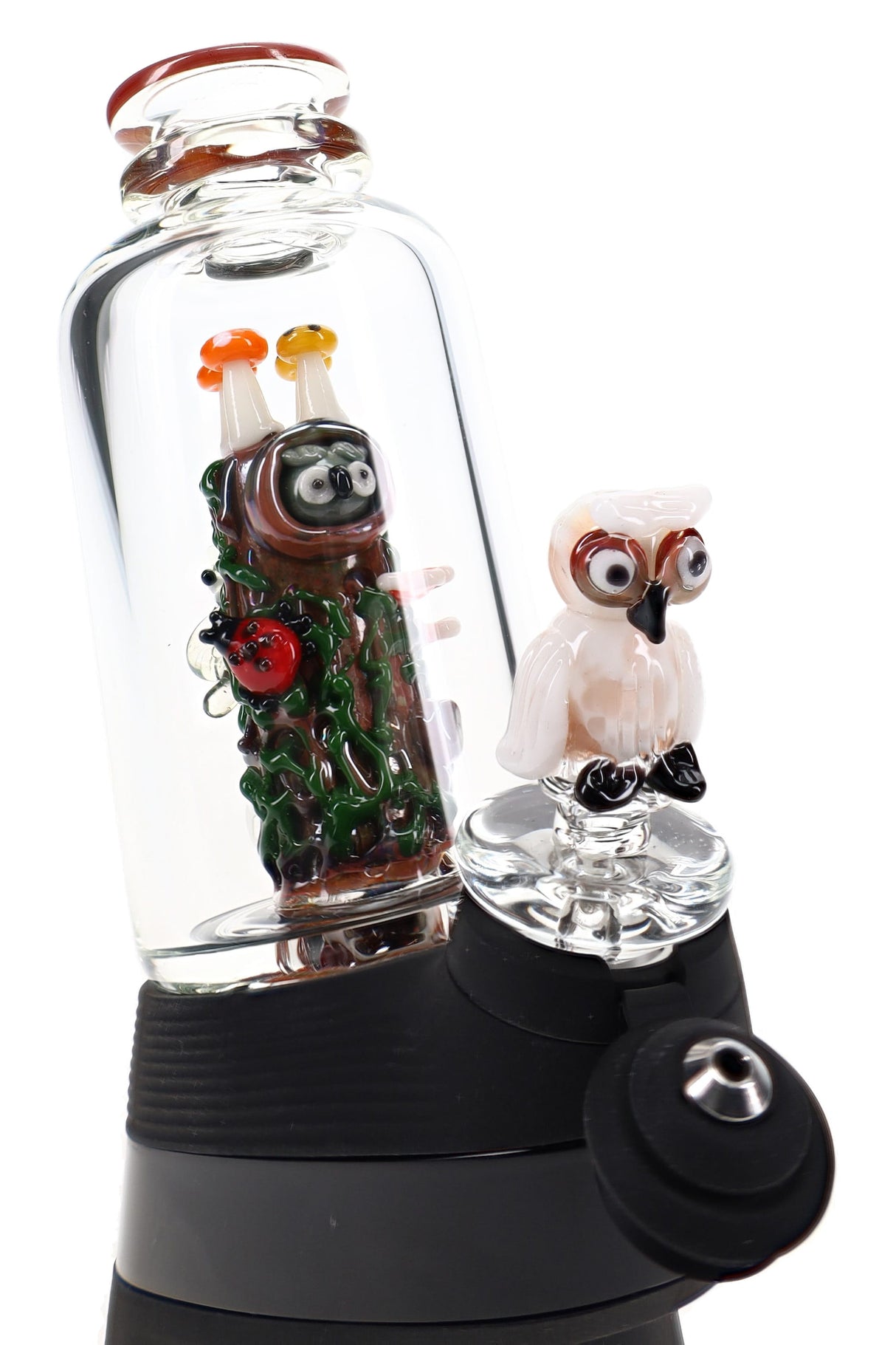 Front view of Puffco Peak with redwood glass attachment installed and owl carb cap on top