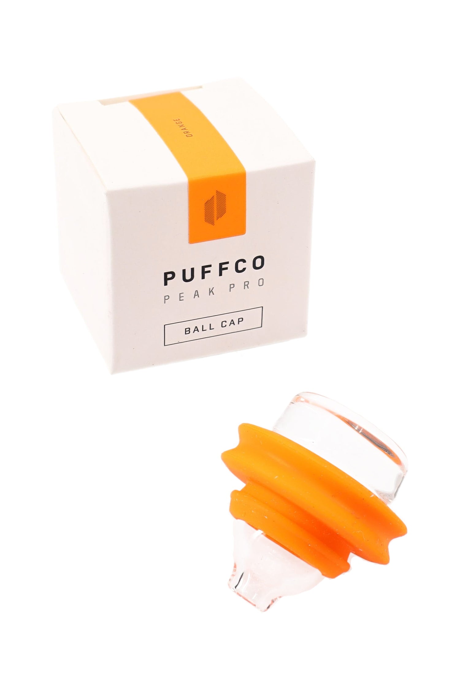 Orange Puffco Peak Pro ball cap accessory with glass cap and orange silicone ring, displayed next to the retail package.