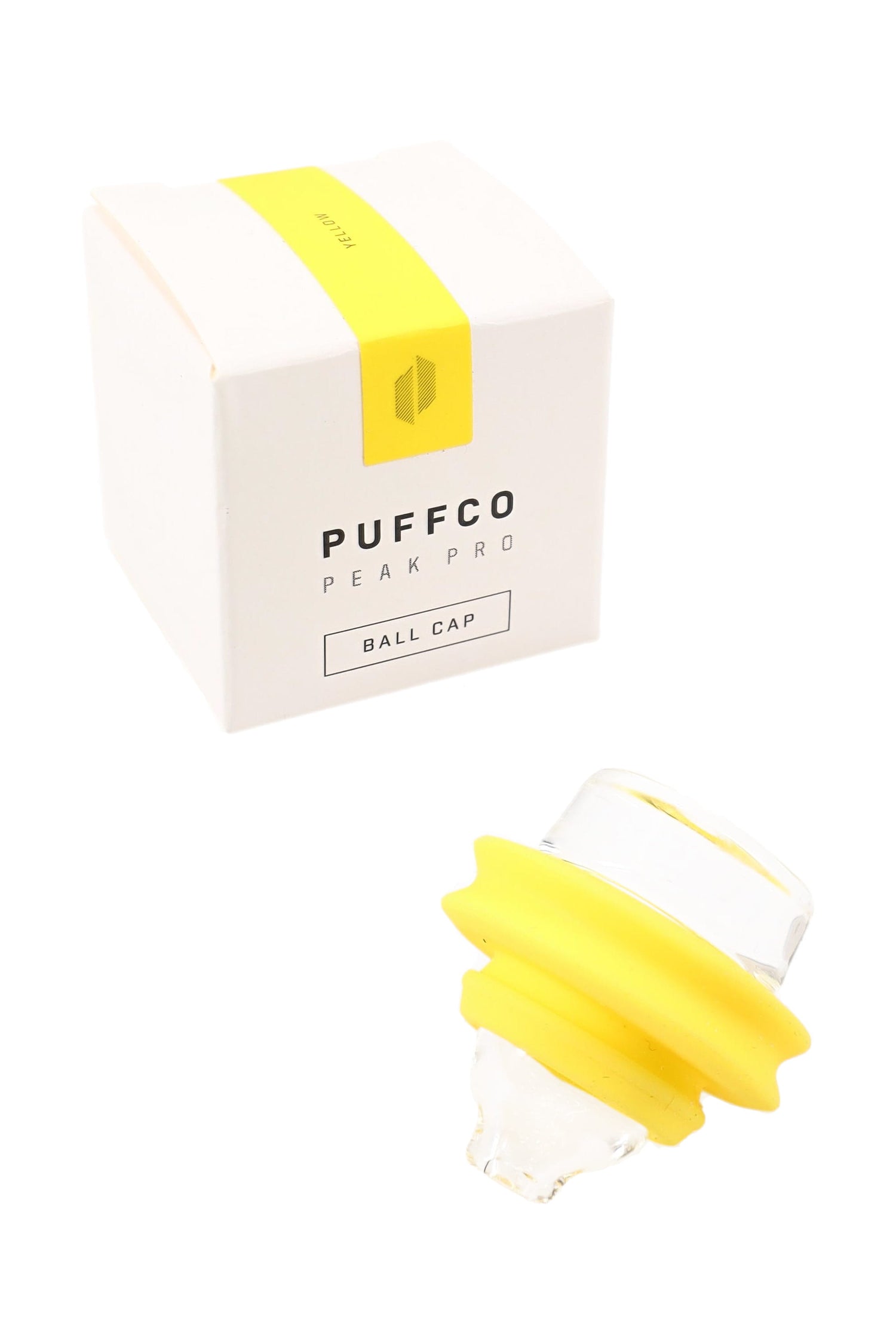 Yellow Peak Pro ball cap shown near packaging; clear glass cap with yellow silicone gasket for a snug, secure fit.