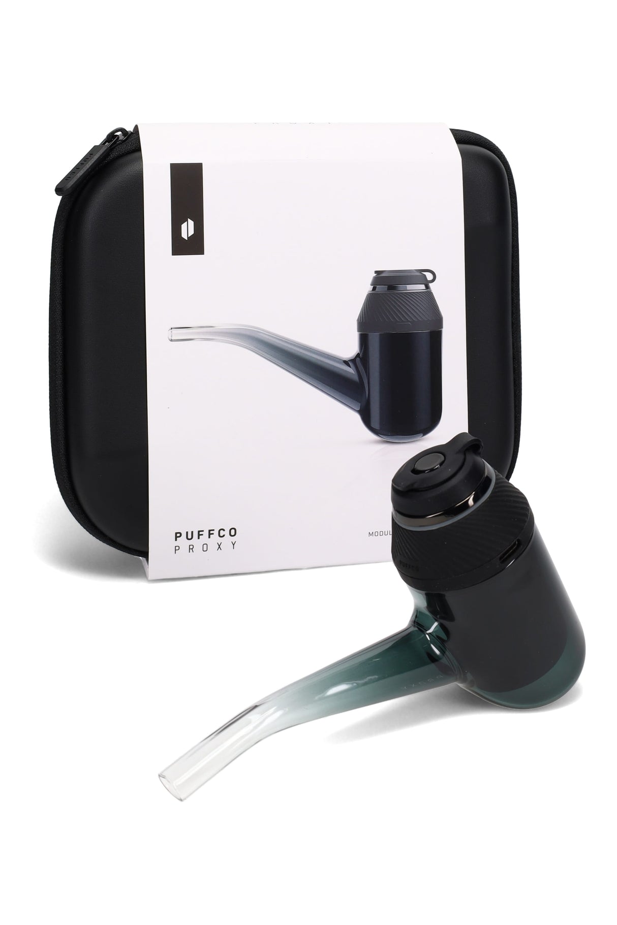 Puffco Proxy modular vaporizer in black glass pipe beside retail case, compact travel-ready kit for concentrates with USB-C charging.
