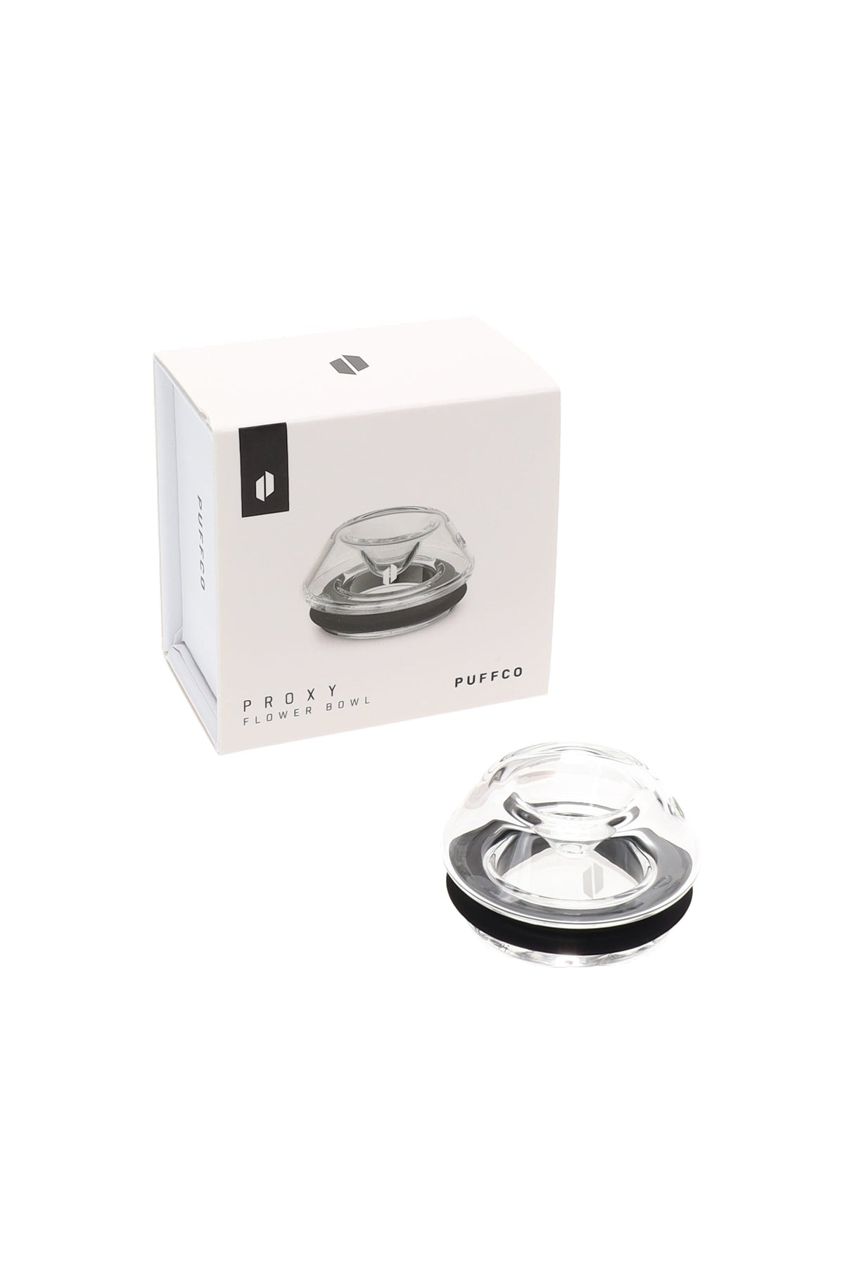Clear Puffco Proxy Flower Bowl accessory, domed glass insert with sealing ring for dry herb use, shown beside retail packaging.