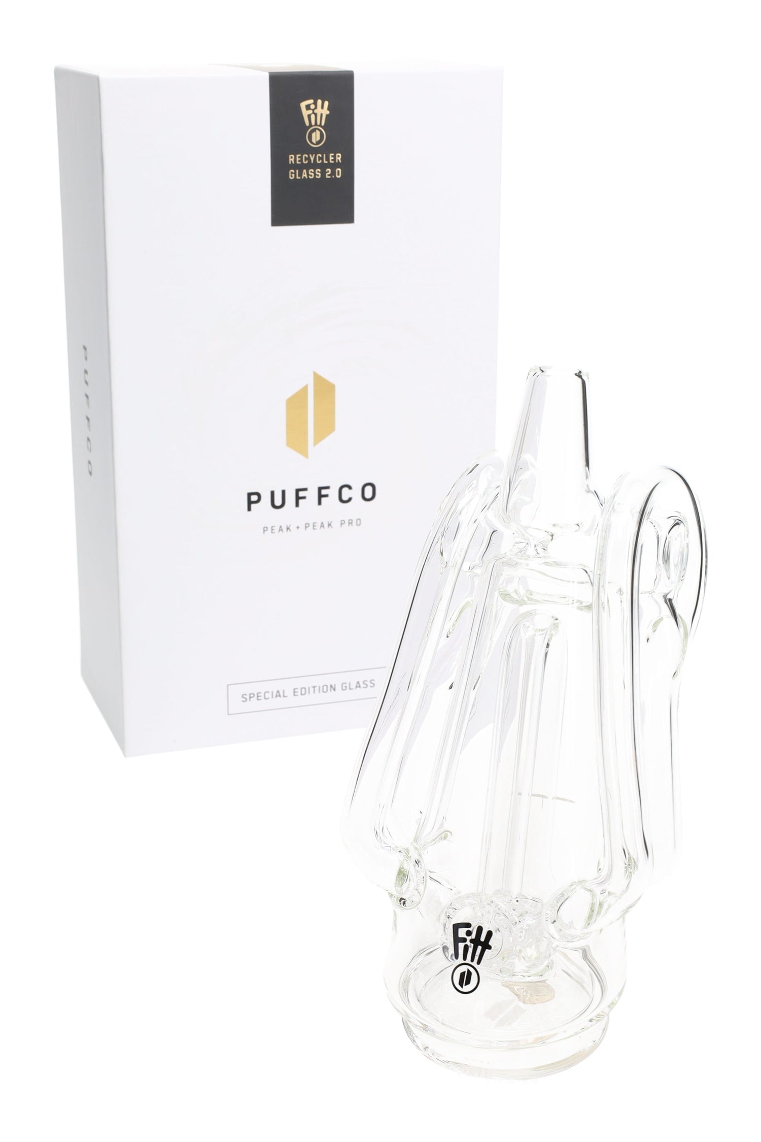 Clear Ryan Fitt Recycler Glass 2.0 attachment beside Puffco Special Edition box, compatible with Peak and Peak Pro devices.