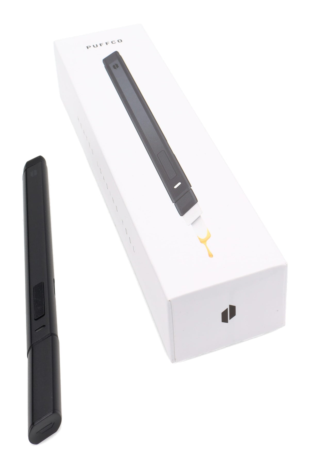 Black Puffco Hot Knife next to retail box, showing USB-C rechargeable heated loading tool for concentrates.