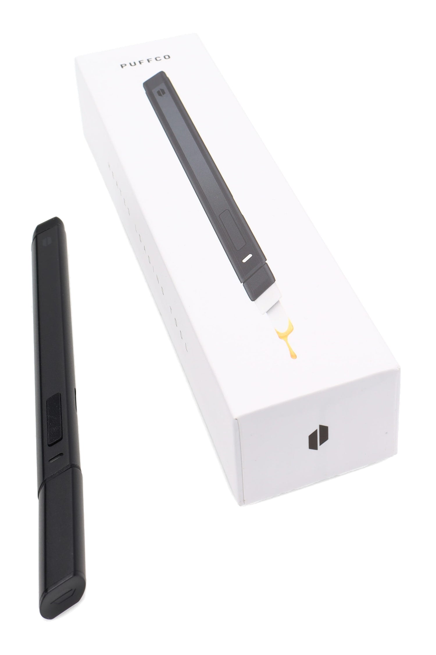 Black Puffco Hot Knife next to retail box, showing USB-C rechargeable heated loading tool for concentrates.