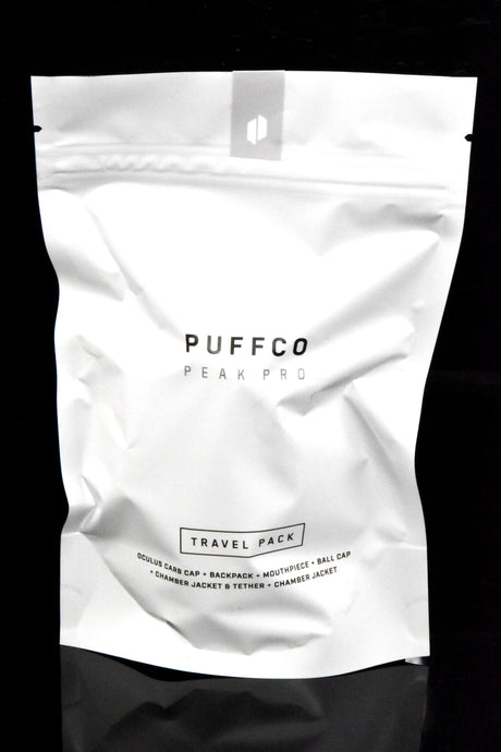 Alternate view of Puffco Peak Pro Travel Pack pouch, zipper-top bag with Puffco logo and contents callout.
