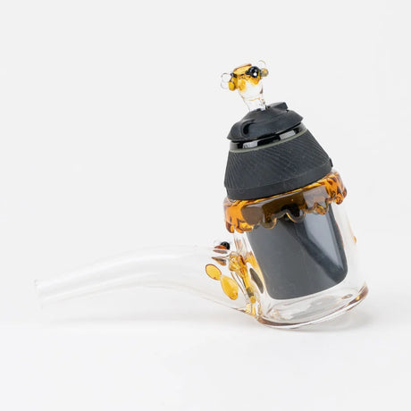 Side view of Beehive Puffco Proxy Sherlock highlighting amber rim drips and bee clusters along the clear glass stem.