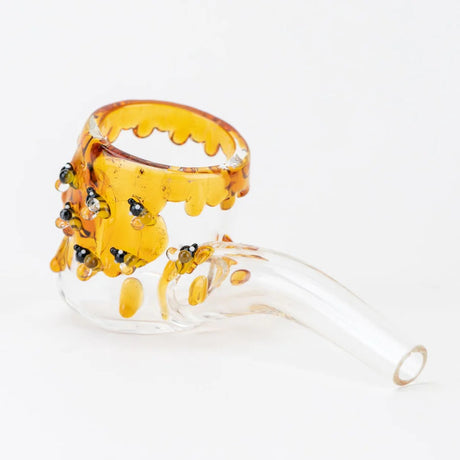 Right profile of clear Beehive Proxy Sherlock attachment with amber honey drips and scattered bee decorations.