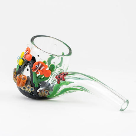 Right profile of Under the Sea Sherlock featuring clownfish, corals, and seaweed flowing to a clear tapered mouthpiece.