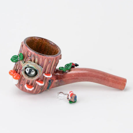 Woodland-themed Puffco Proxy Sherlock attachment with owl window, red mushrooms, and leafy accents beside a small matching topper.