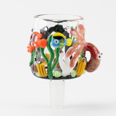 Side view of Under the Sea glass Puffco Proxy attachment showing coral fronds, clownfish, blue fish, and ocean accents on clear glass.