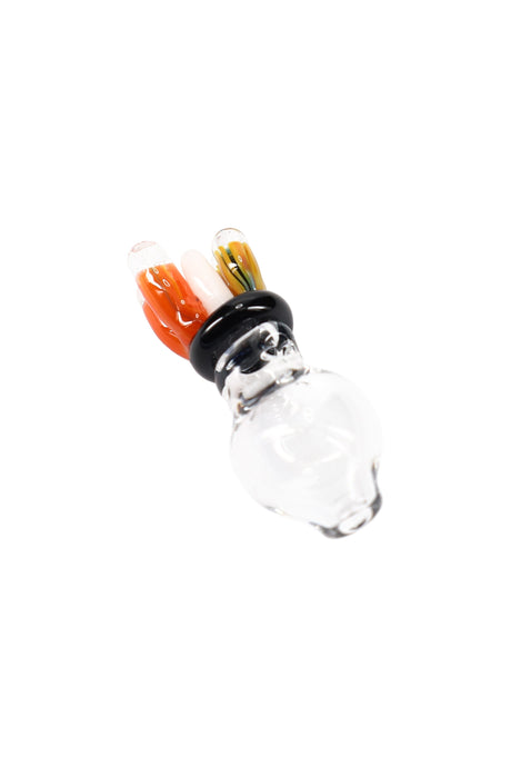 Coral-themed Puffco Peak Pro ball cap by Empire Glassworks, clear glass body, black collar, orange white yellow accents.
