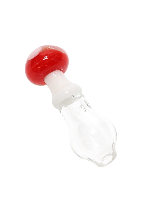 US-made red mushroom glass ball cap for Puffco Peak Pro, rounded topper with clear stem for directional airflow and smoother hits.