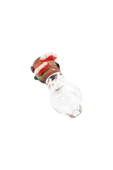 Owl-themed Puffco Peak Pro glass ball cap on white background, brown head with red, white, and green accents and a clear rounded base.