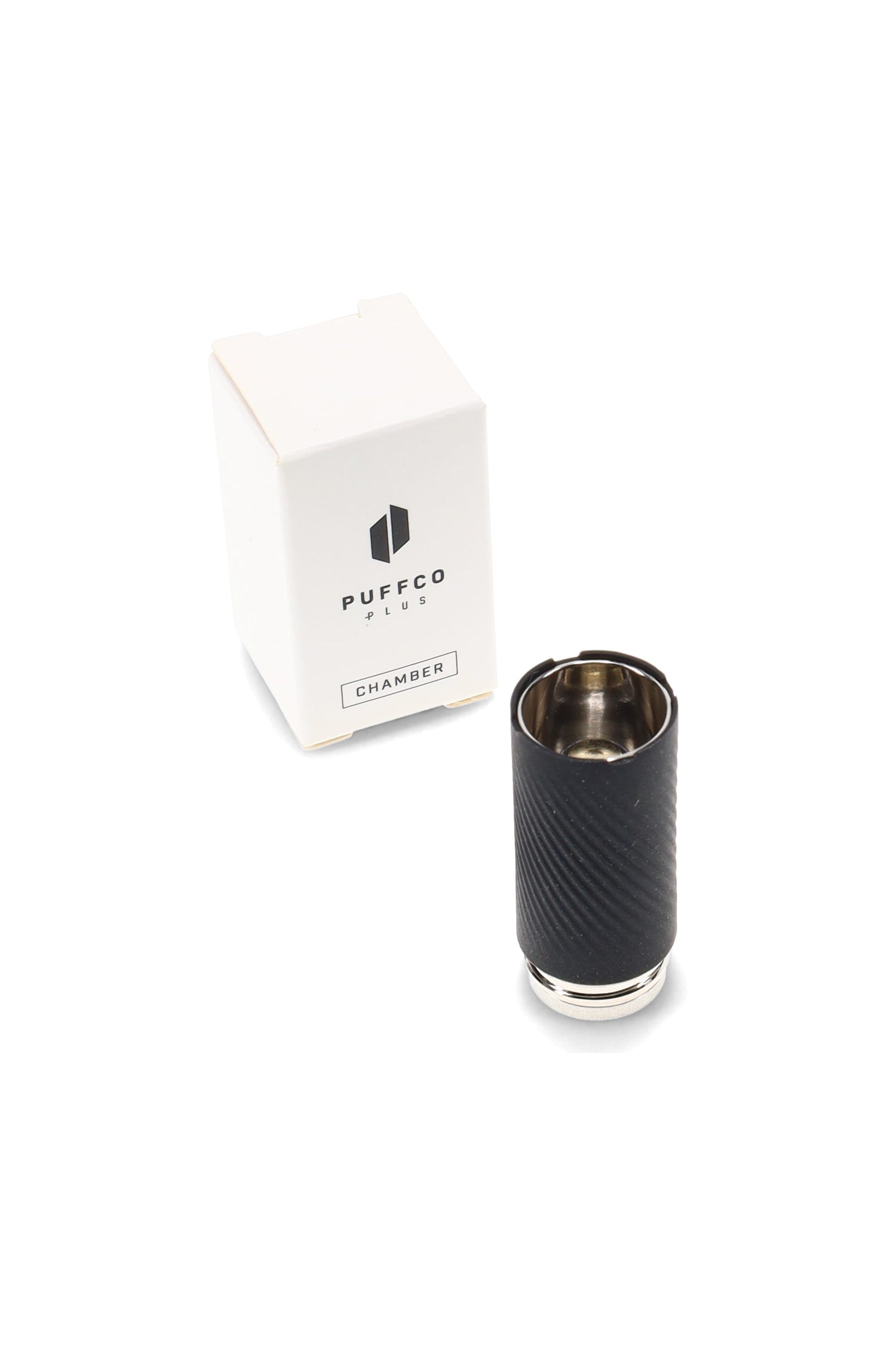 Puffco Plus replacement chamber beside white retail box, textured black grip and metal bowl shown, genuine part for concentrate pen.
