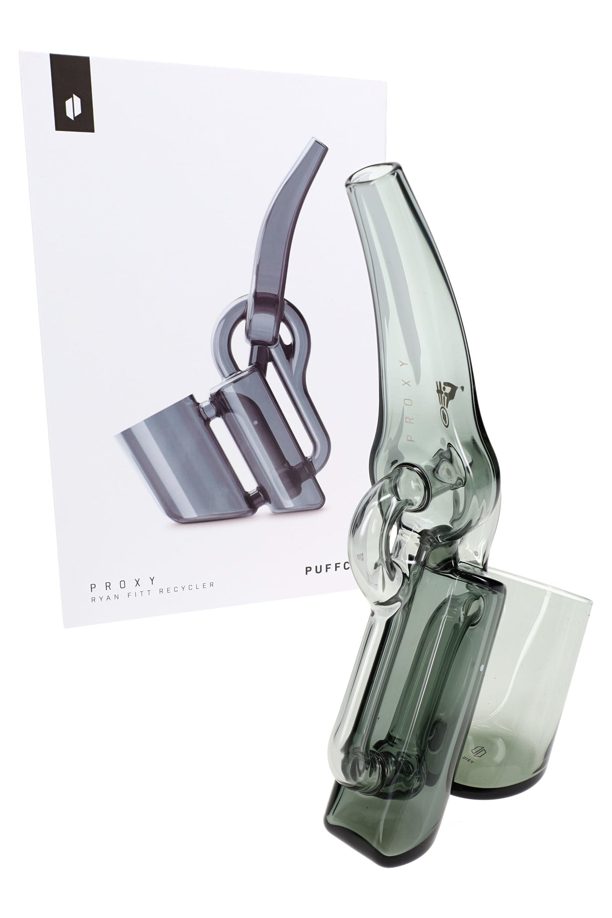 Smoke-tinted Puffco Proxy Ryan Fitt recycler glass attachment beside retail box, three-quarter angle shot