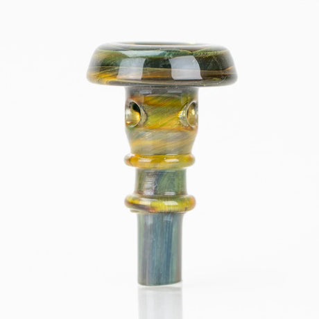Front standing view of Vintage Puffco glass joystick, earthy brown-green swirls, joystick-style tip for precise airflow control.