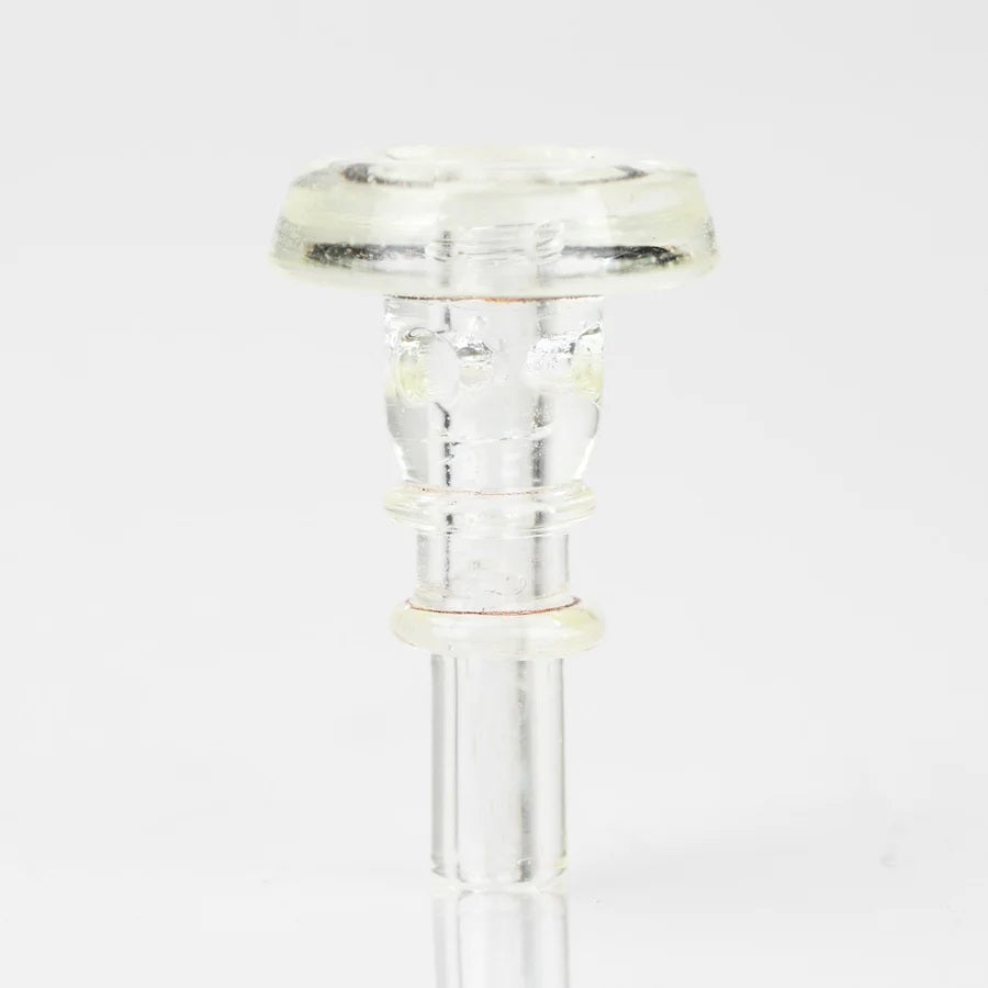 Front standing view of clear Radioactive Puffco joystick on light background, compact accessory designed for directional airflow.