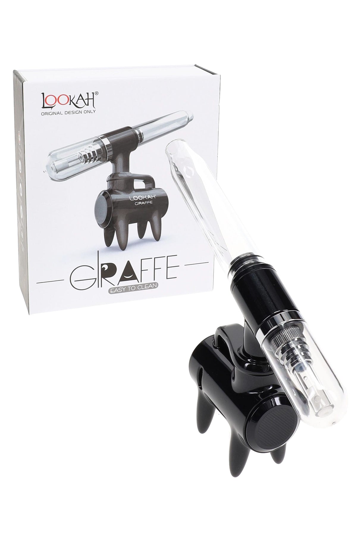 Black Lookah Giraffe electric dab straw shown with box, freestanding four-leg base and USB-C port visible.