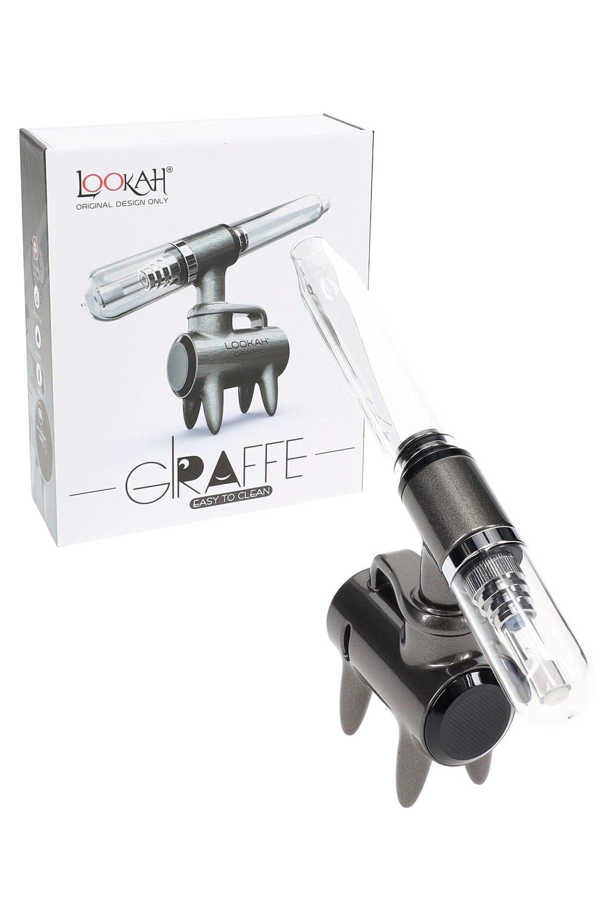 Gunmetal Lookah Giraffe electric dab straw with glass mouthpiece, large battery screen, and angled quartz Type 5 tip.