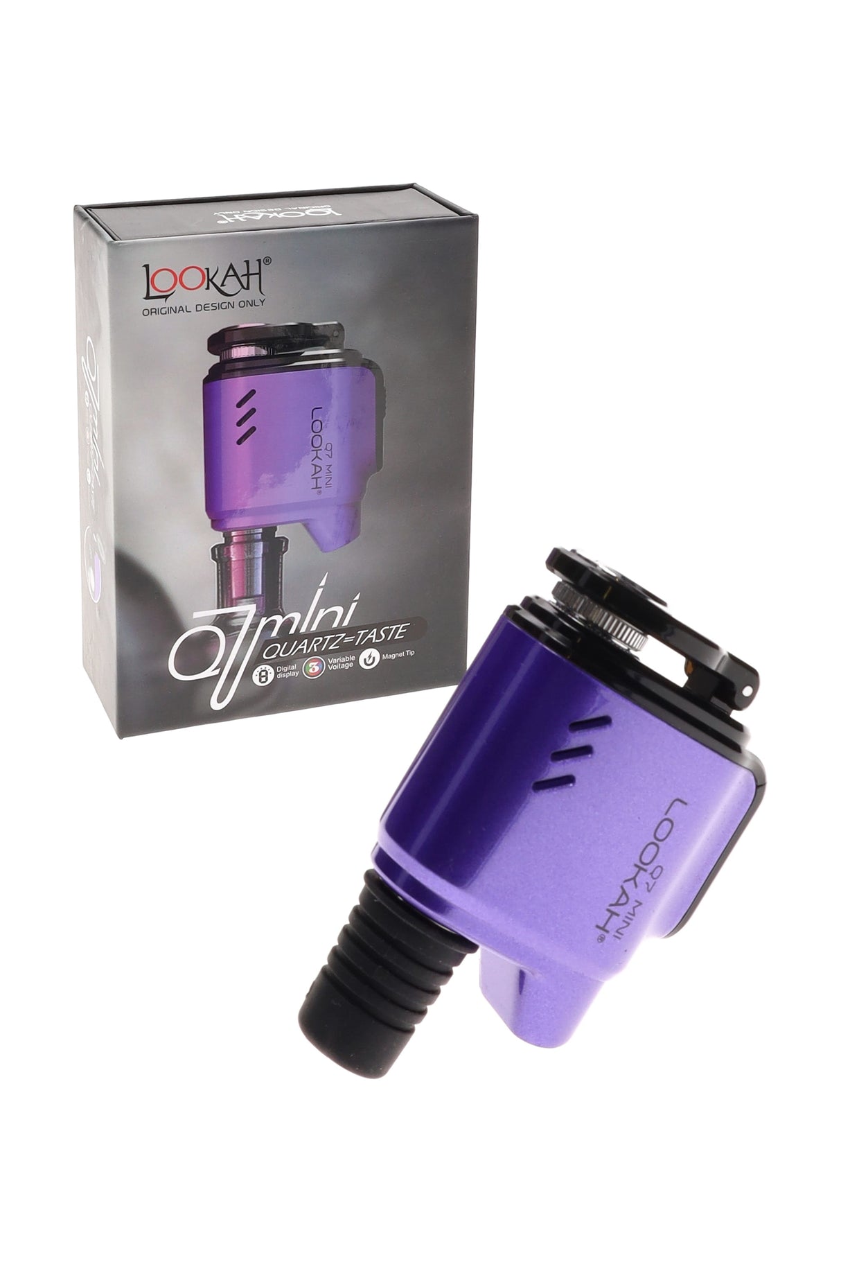 Purple Lookah Q7 Mini quartz e-nail showing compact body and 710 coil cover beside retail box, 14–18 mm fit.