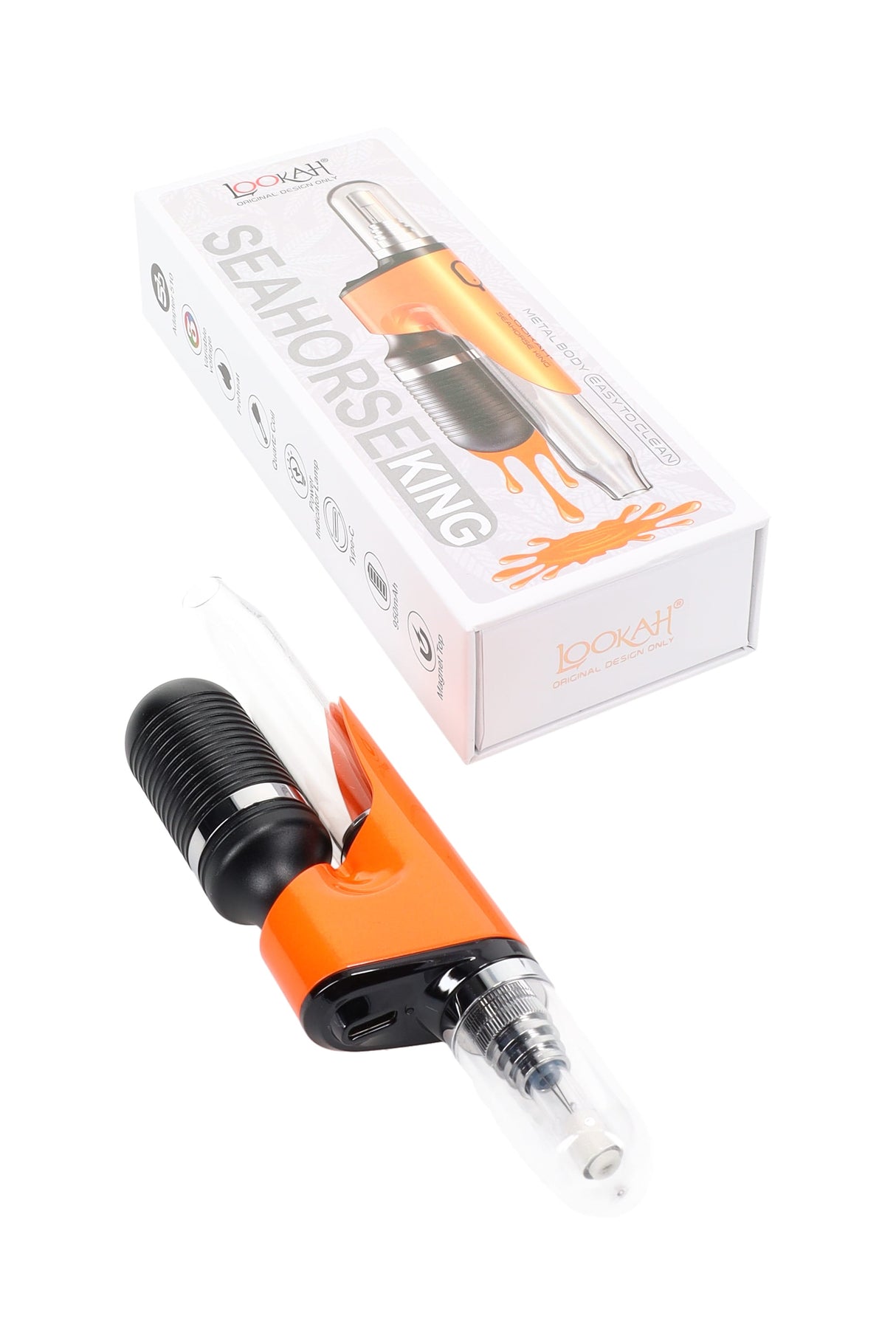 Orange Lookah Seahorse King portable dab straw beside packaging, glass mouthpiece visible, magnetic cap attached.