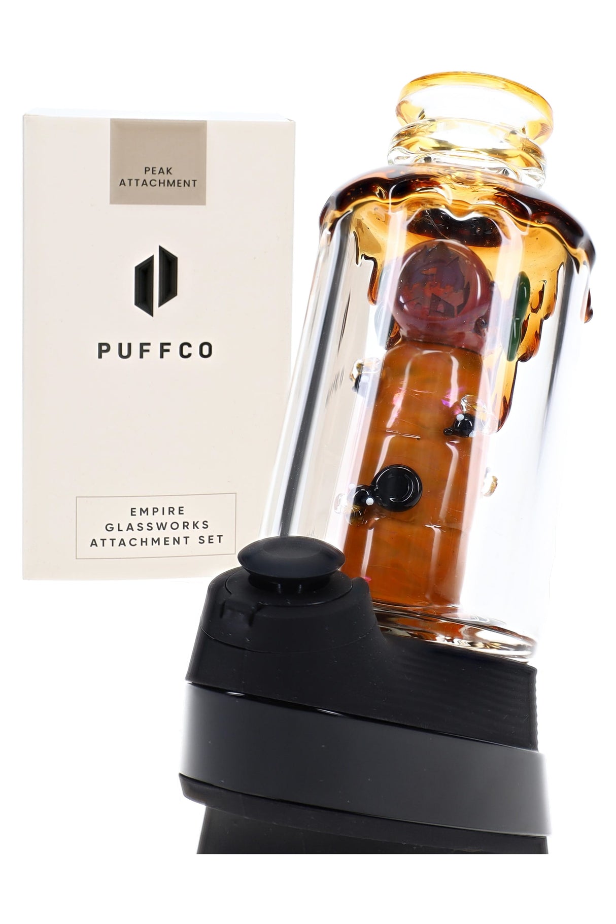 Side view of bee-themed Peak glass attachment with worked beehive centerpiece and matching carb cap