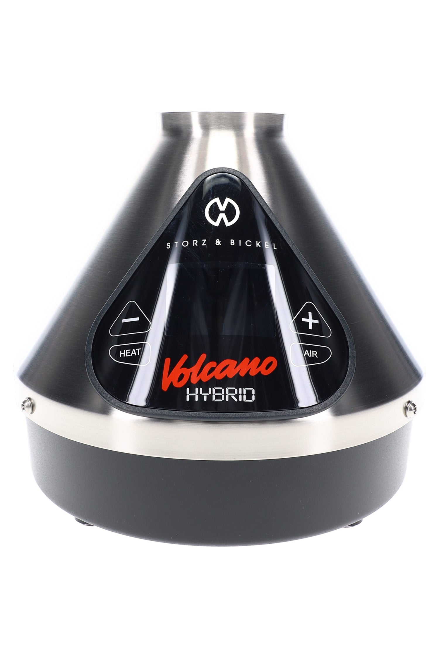 Volcano Hybrid vaporizer in stainless finish, straight-on view highlighting the sleek cone body and illuminated touchscreen.