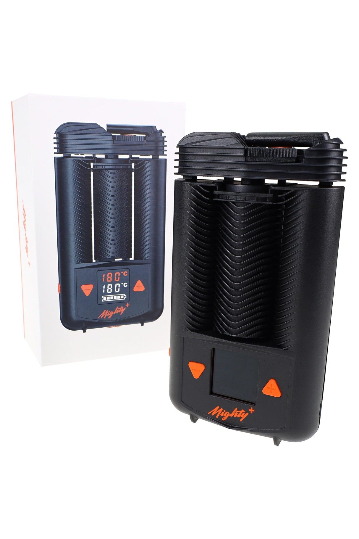 Mighty+ portable dry herb vaporizer angled beside retail box, showing ribbed cooling unit and compact grip