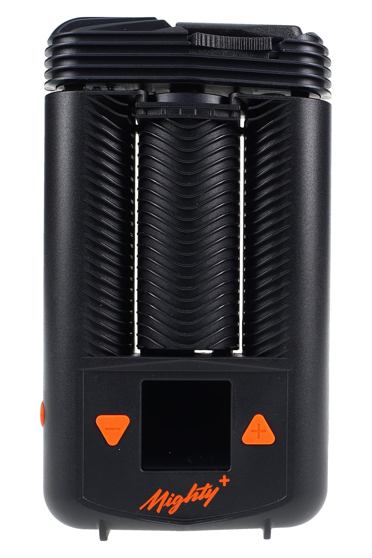 Mighty+ dry herb vaporizer front view with LC display and orange plus/minus buttons on black housing