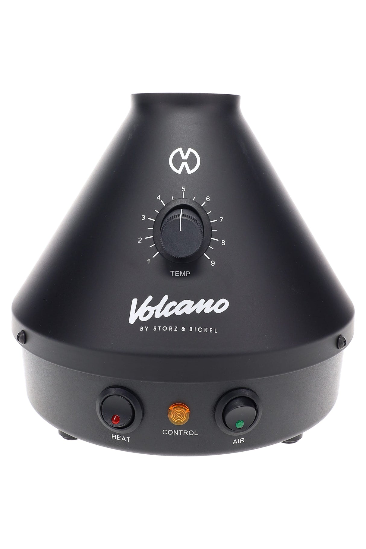 Volcano Classic in matte Onyx Black, close-up of analog temperature dial and control buttons on the cone-shaped base.
