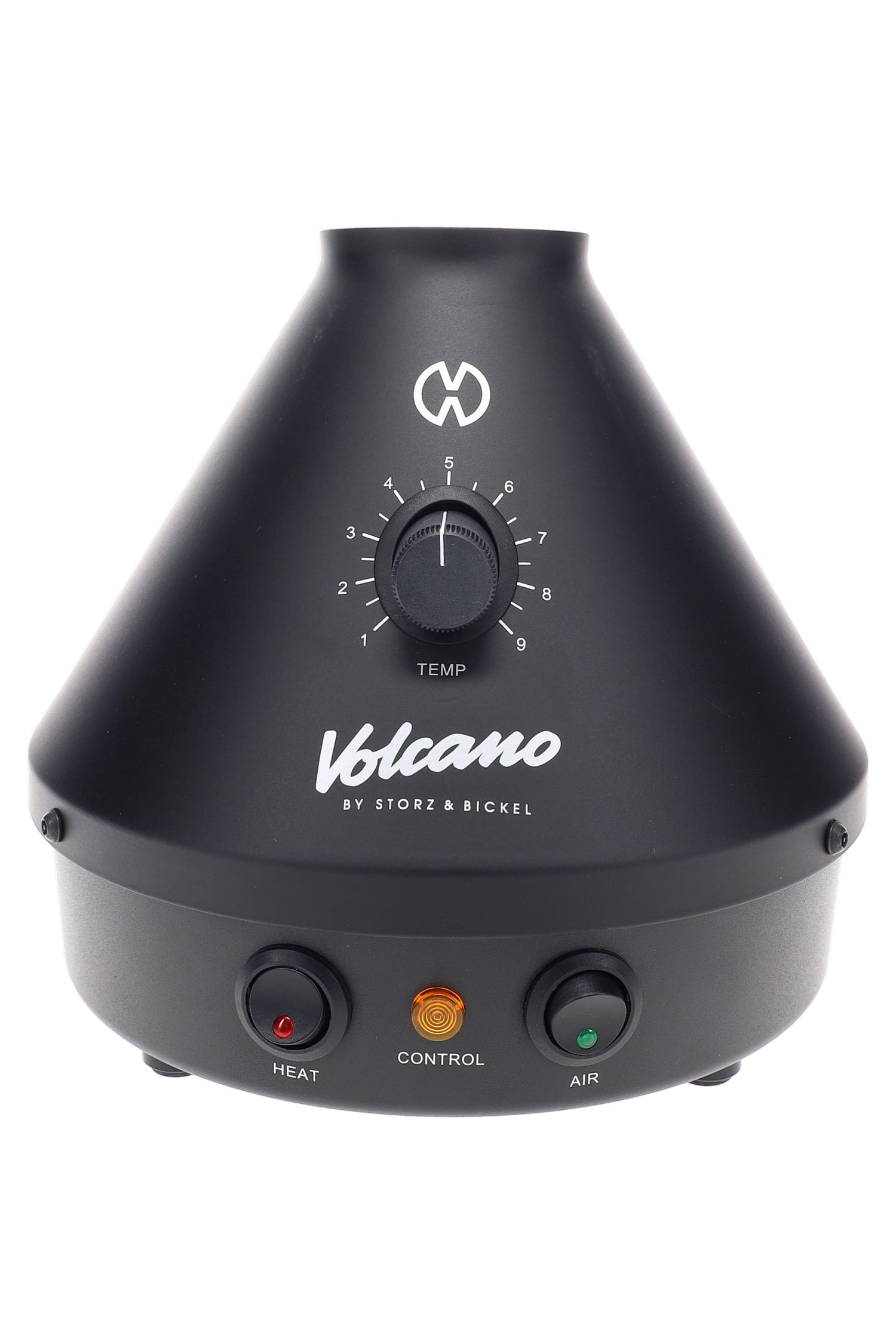 Volcano Classic in matte Onyx Black, close-up of analog temperature dial and control buttons on the cone-shaped base.