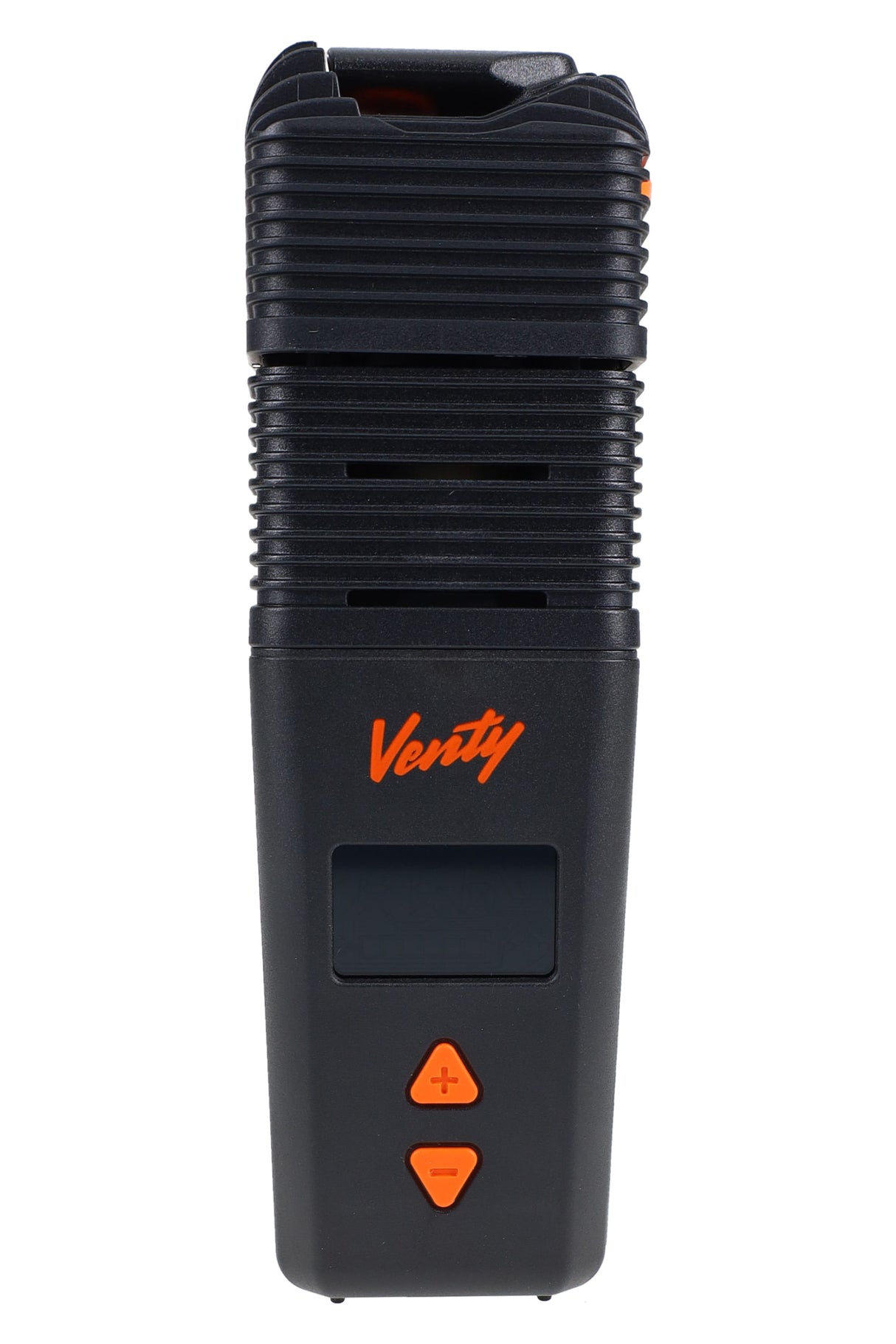 VENTY dry herb vaporizer front view with ribbed cooling unit, orange logo, and plus/minus buttons