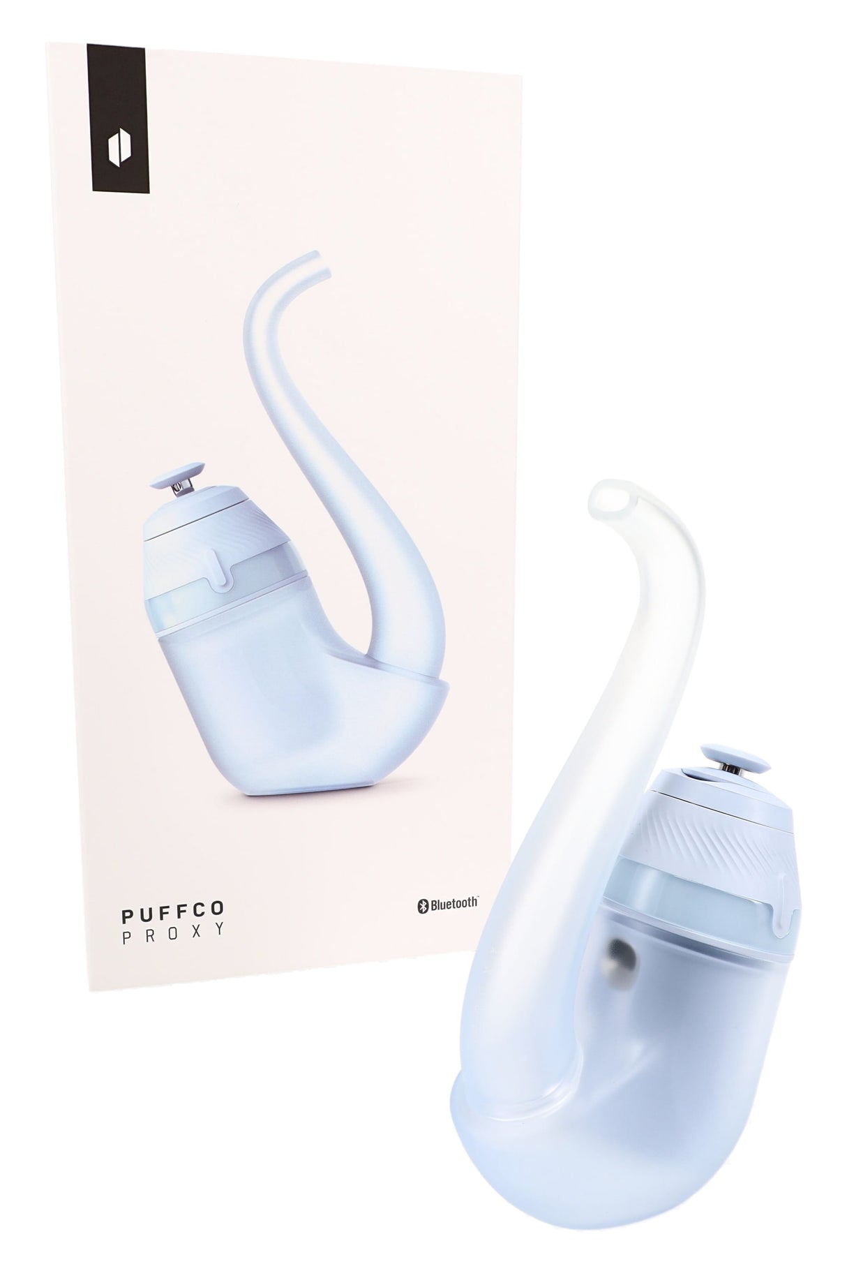 Puffco New Proxy modular vaporizer in Bloom next to retail box, frosted sherlock glass pipe and Bluetooth-enabled base.