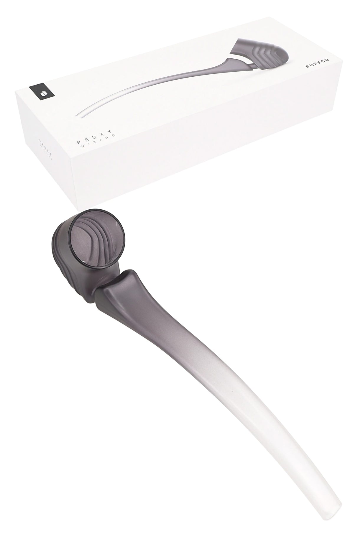 Onyx Puffco New Proxy Wizard glass attachment with retail box, long frosted wand-style dry pipe designed to pair with the New Proxy base.