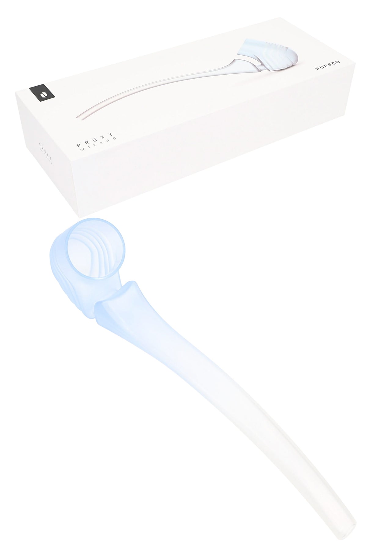 Haze Puffco New Proxy Wizard glass attachment beside packaging, light blue frosted wand-style pipe body made for the New Proxy system.