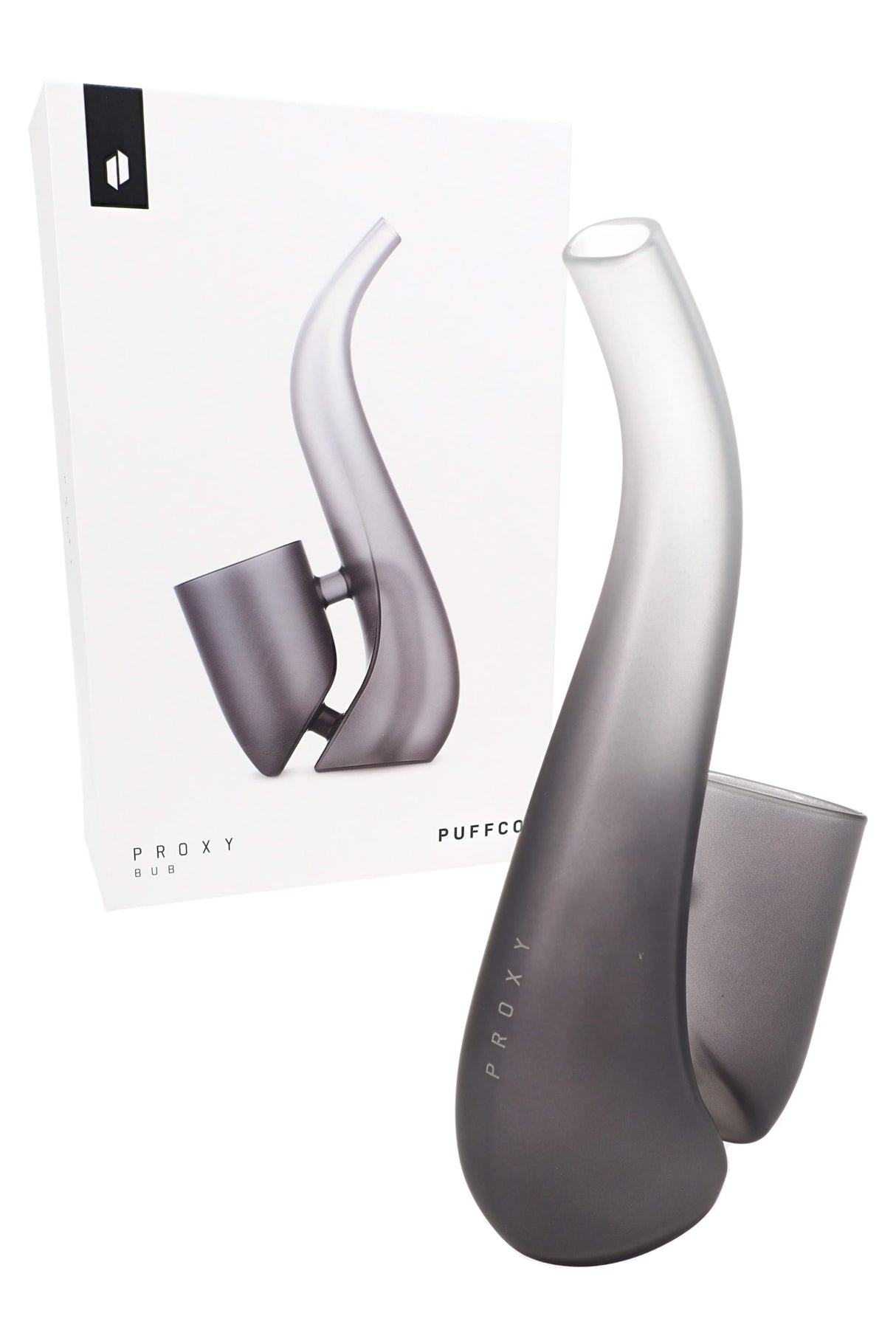 Onyx Puffco New Proxy Bub glass water attachment before box, tall frosted bubbler with angled cup chamber for water cooling.