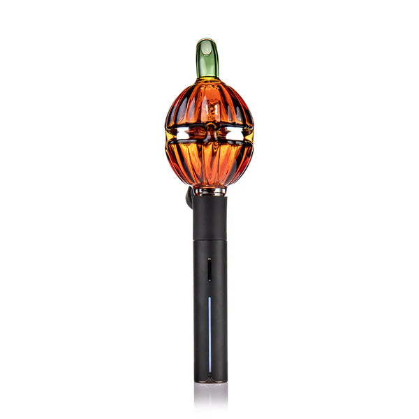 “Gourdy” pumpkin glass top installed on a Puffco Pivot device, full front view highlighting the curved green stem.