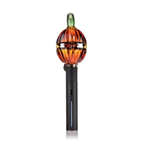 “Gourdy” pumpkin glass top installed on a Puffco Pivot device, full front view highlighting the curved green stem.