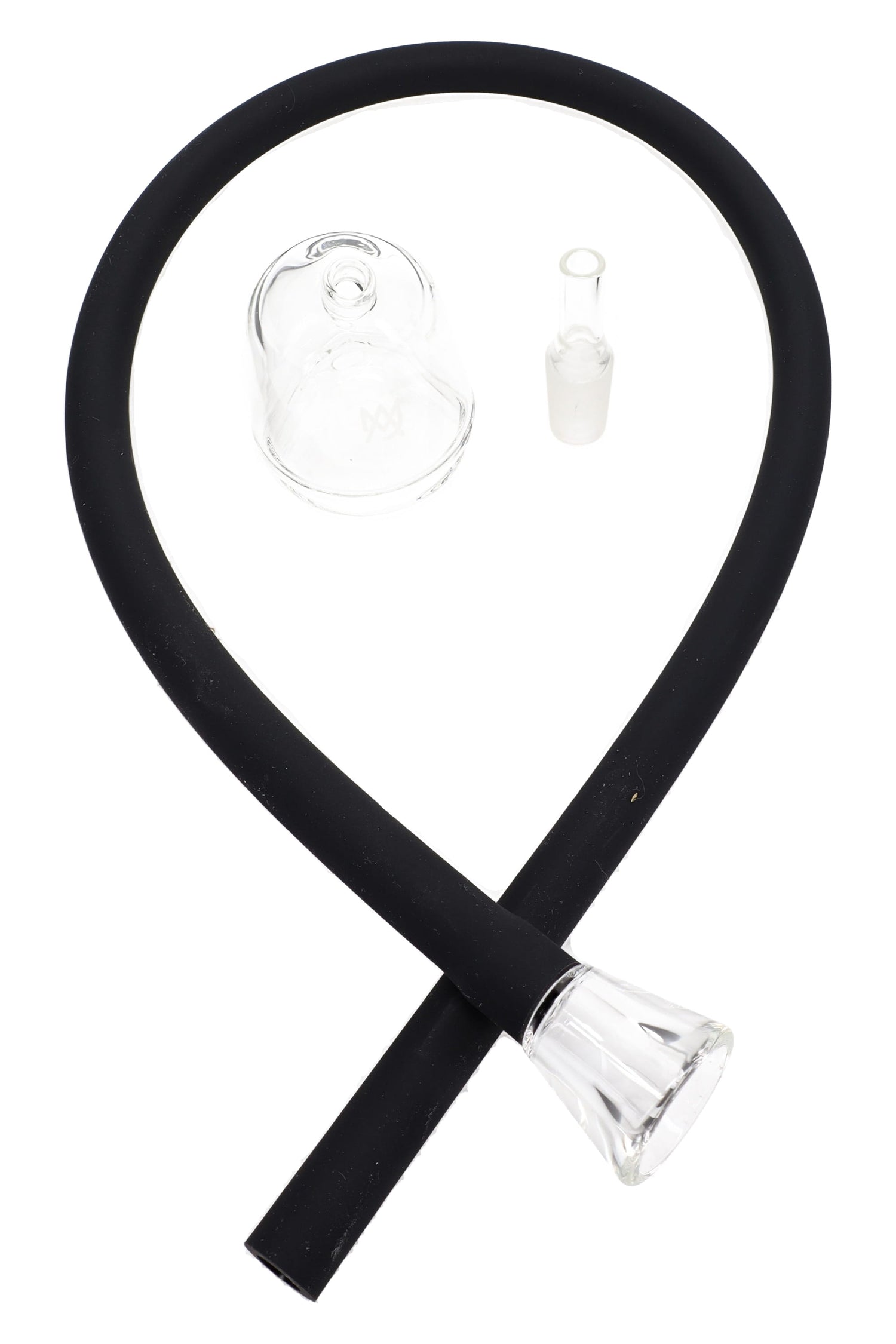 Complete MJ Arsenal Bridge kit for Puffco Peak with silicone hose, tapered glass tip, adapter, and glass top laid out on white background.